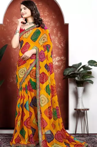 Bandhani mirror work pure chiffon bandhani saree