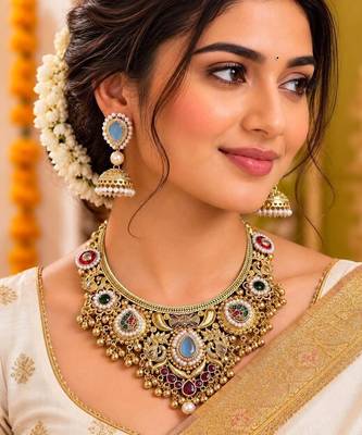 Victorian Kundan Stone Necklace Set with Jhumka Earrings, Temple Jewelry Bridal Necklace 1