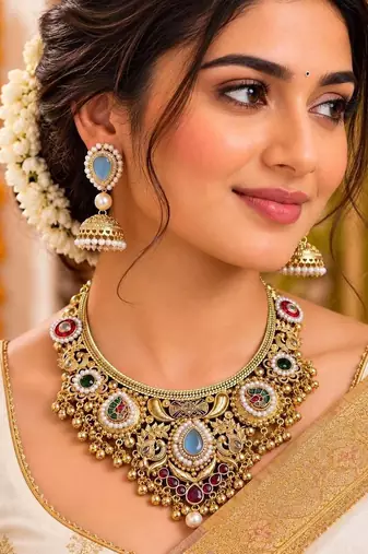 Victorian Kundan Stone Necklace Set with Jhumka Earrings, Temple Jewelry Bridal Necklace
