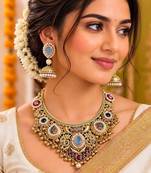 Victorian Kundan Stone Necklace Set with Jhumka Earrings, Temple Jewelry Bridal Necklace