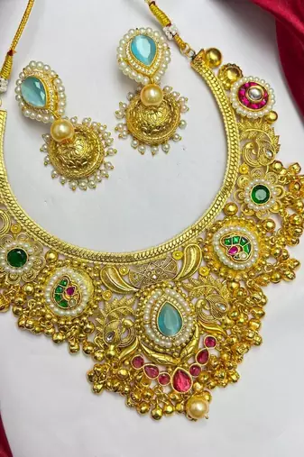 Victorian Kundan Stone Necklace Set with Jhumka Earrings, Temple Jewelry Bridal Necklace