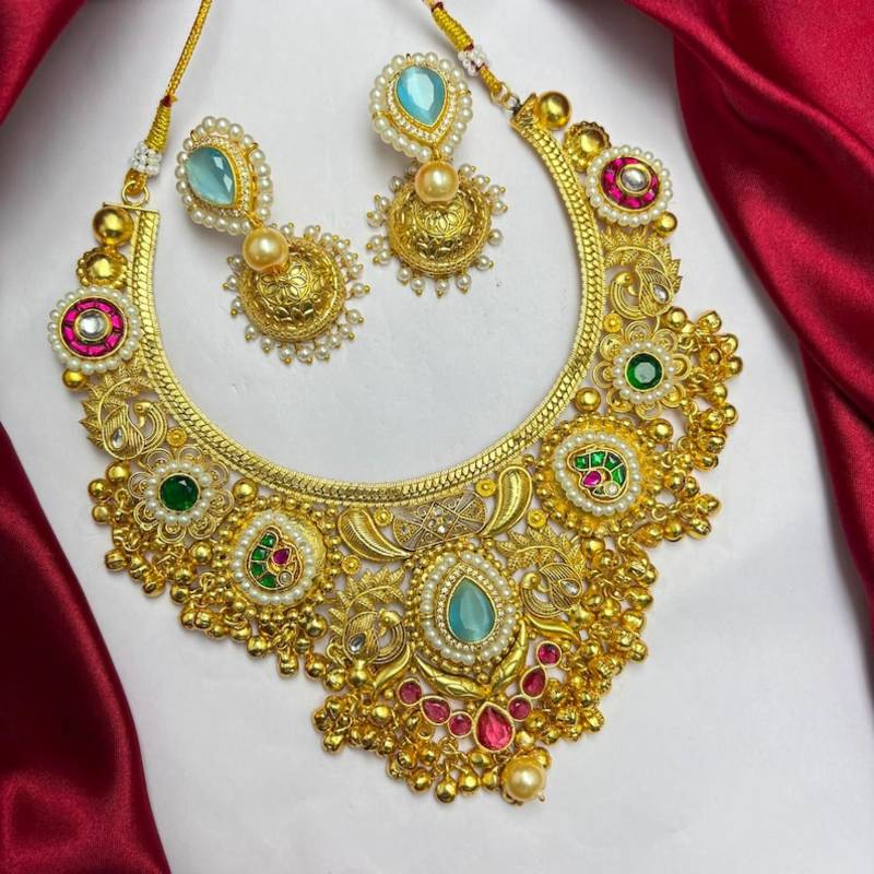 Victorian Kundan Stone Necklace Set with Jhumka Earrings, Temple Jewelry Bridal Necklace