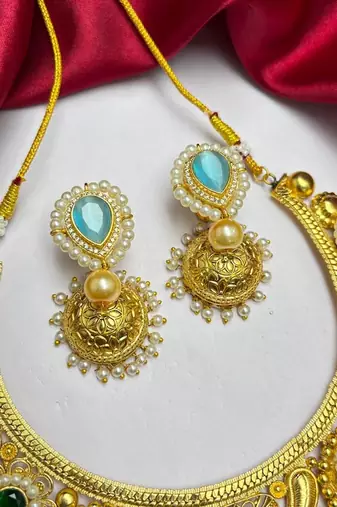 Victorian Kundan Stone Necklace Set with Jhumka Earrings, Temple Jewelry Bridal Necklace