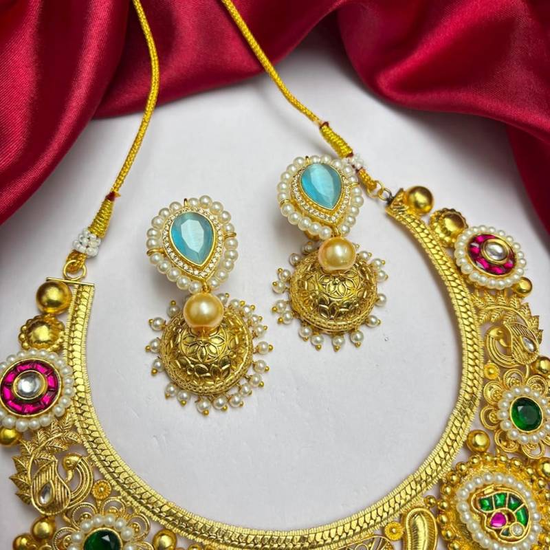 Victorian Kundan Stone Necklace Set with Jhumka Earrings, Temple Jewelry Bridal Necklace