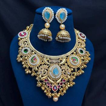 Victorian Kundan Stone Necklace Set with Jhumka Earrings, Temple Jewelry Bridal Necklace 4