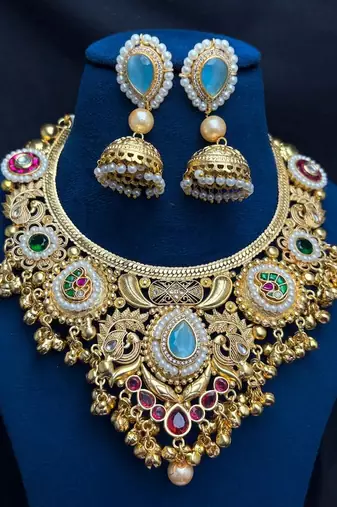 Victorian Kundan Stone Necklace Set with Jhumka Earrings, Temple Jewelry Bridal Necklace