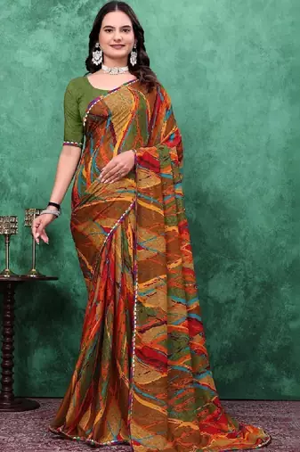 Mirror work poly georgette bandhani saree