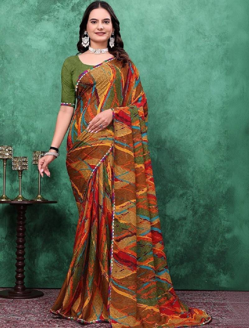 Mirror work poly georgette bandhani saree