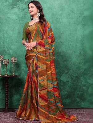Mirror work poly georgette bandhani saree 2