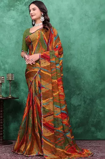 Mirror work poly georgette bandhani saree