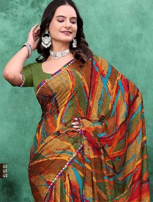 Mirror work poly georgette bandhani saree 3