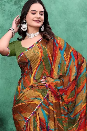 Mirror work poly georgette bandhani saree