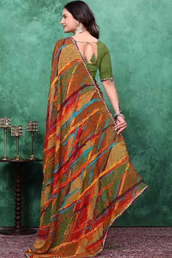 Mirror work poly georgette bandhani saree