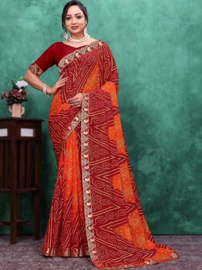 Bandhani embroidered poly georgette bandhani saree