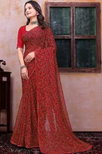 Floral poly georgette bandhani saree