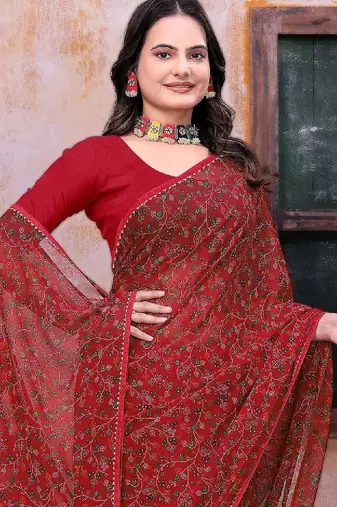 Floral poly georgette bandhani saree