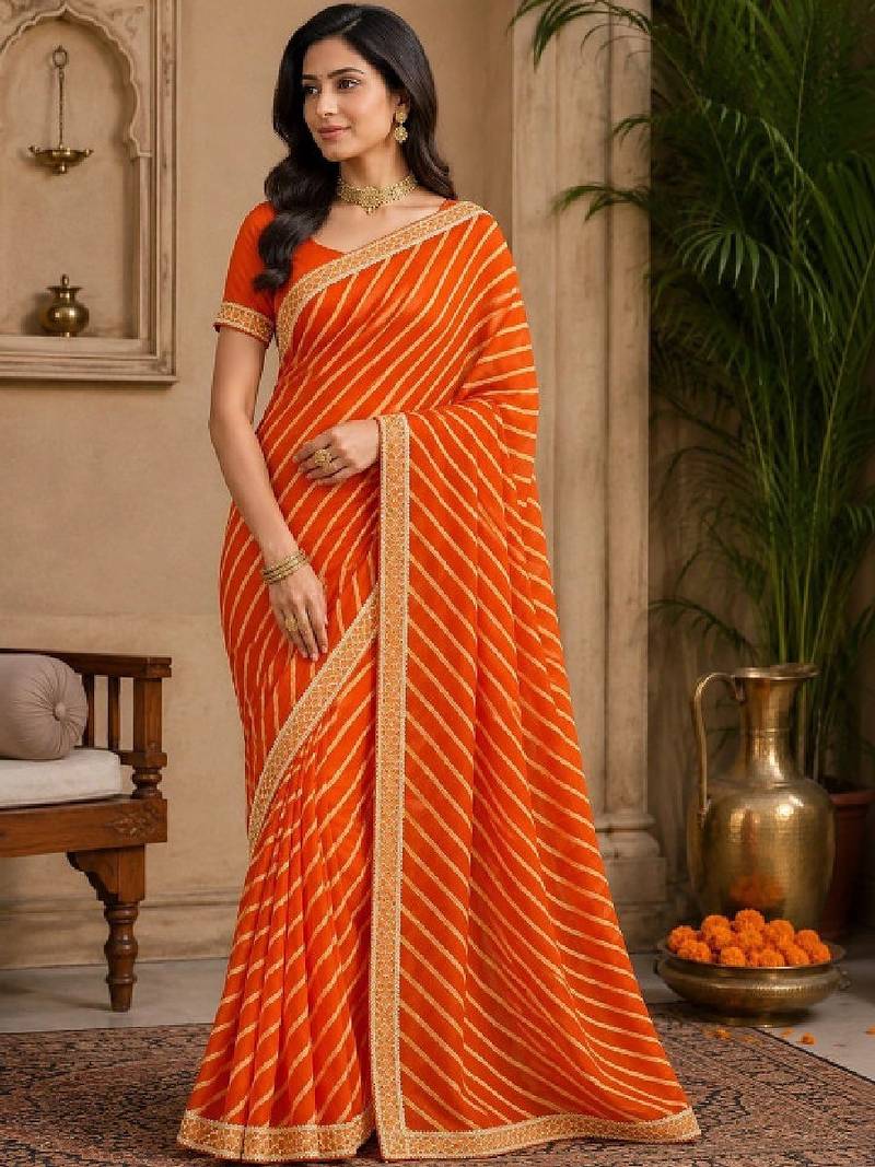 Striped pure chiffon leheriya saree