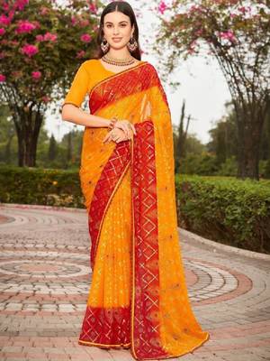 Ethnic motifs gotta patti poly georgette bandhani saree 1