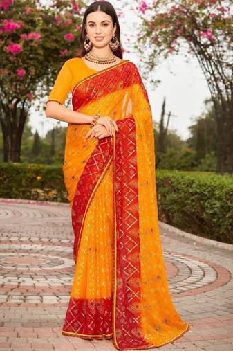 Ethnic motifs gotta patti poly georgette bandhani saree