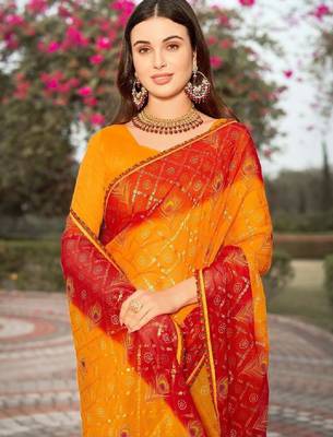 Ethnic motifs gotta patti poly georgette bandhani saree 2