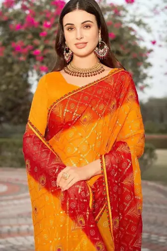 Ethnic motifs gotta patti poly georgette bandhani saree