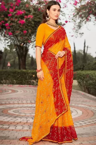Ethnic motifs gotta patti poly georgette bandhani saree