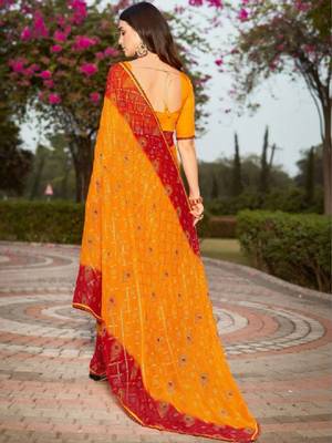 Ethnic motifs gotta patti poly georgette bandhani saree 4