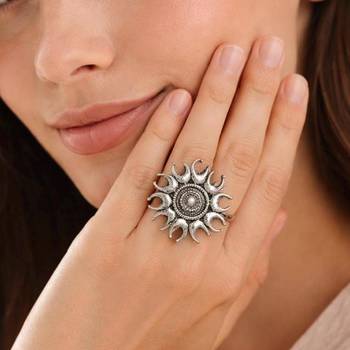 Large Oxidized Silver Statement Ring, Boho Sunburst Mandala Ring 1
