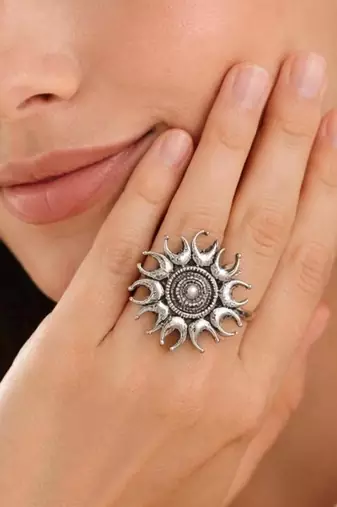Large Oxidized Silver Statement Ring, Boho Sunburst Mandala Ring