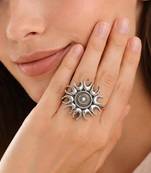 Large Oxidized Silver Statement Ring, Boho Sunburst Mandala Ring