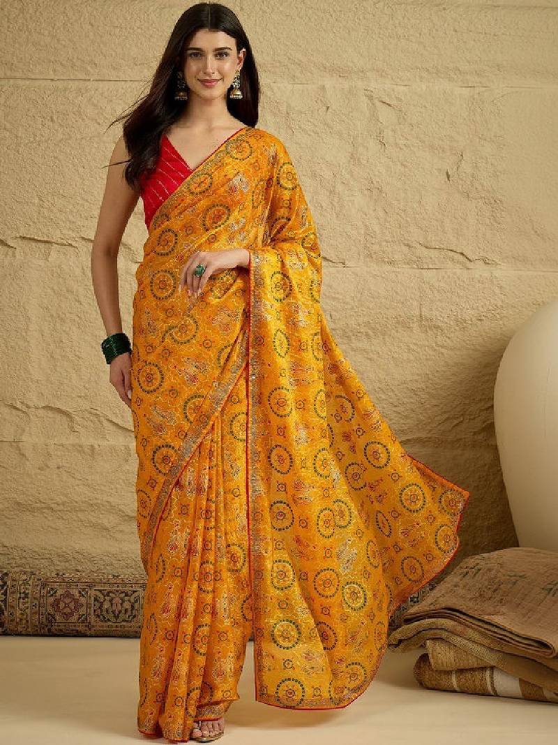 Bandhani beads and stones satin designer bandhani sarees