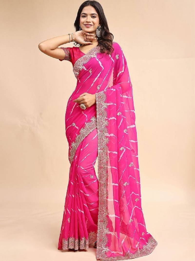 Leheriya embroidered poly georgette heavy work leheriya saree