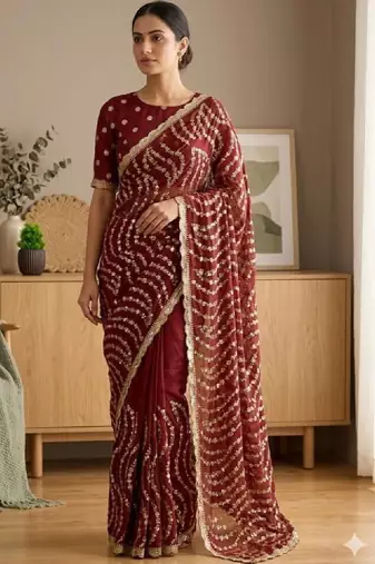 Embellished sequinned heavy work leheriya saree