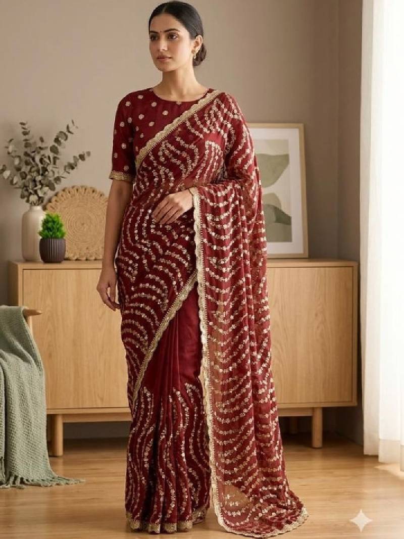 Embellished sequinned heavy work leheriya saree