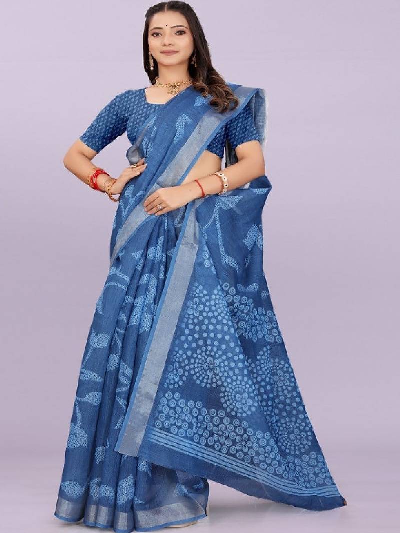 Floral pure linen handloom leheriya saree