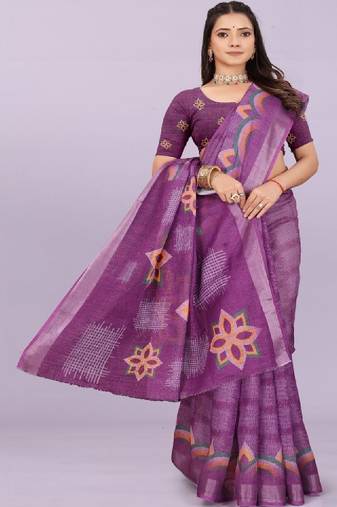 Floral pure linen handloom leheriya saree