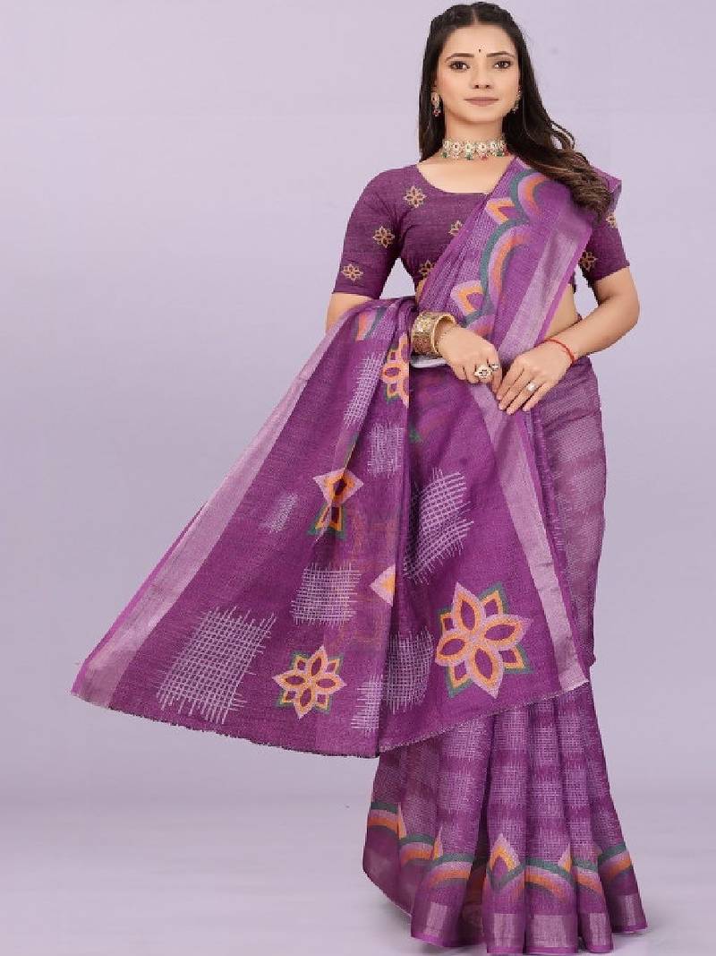 Floral pure linen handloom leheriya saree
