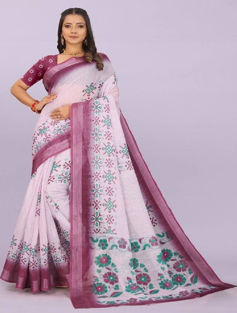 Floral pure linen leheriya saree