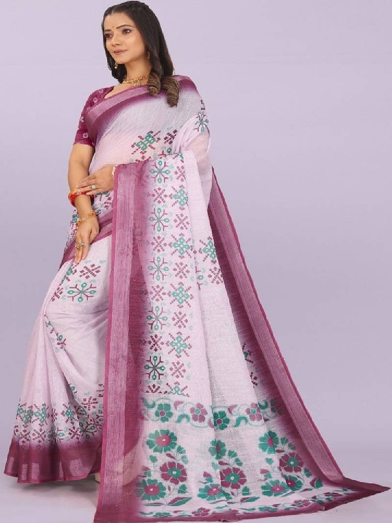Floral pure linen leheriya saree