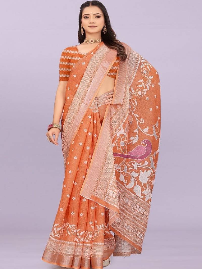 Ethnic motifs pure linen handloom leheriya saree