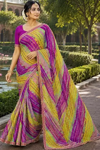 Striped pure chiffon leheriya saree