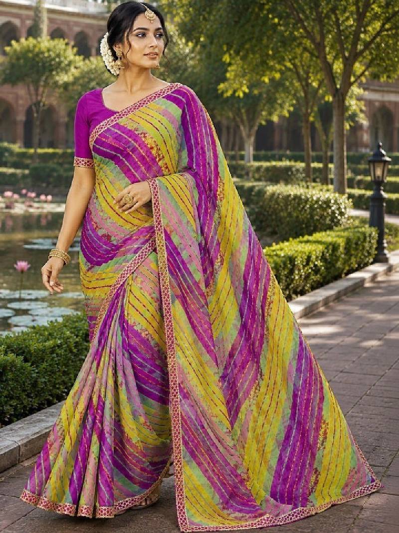 Striped pure chiffon leheriya saree
