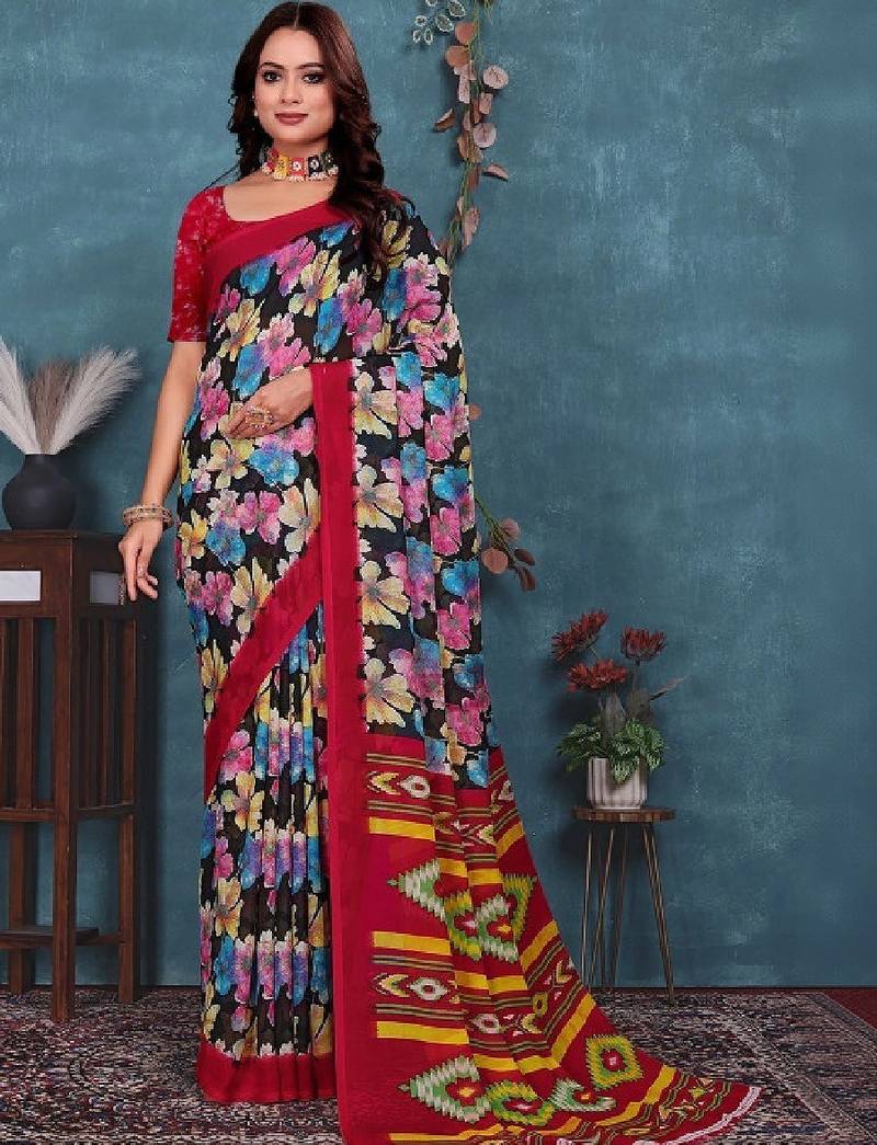 Floral pure georgette bandhani saree