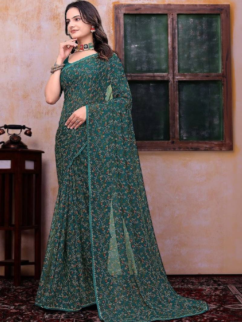 Bandhani beads and stones poly georgette bandhani saree
