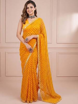 Yellow sequinned leheriya saree with unstiched blouse 1