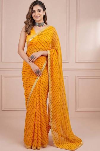 Yellow sequinned leheriya saree with unstiched blouse