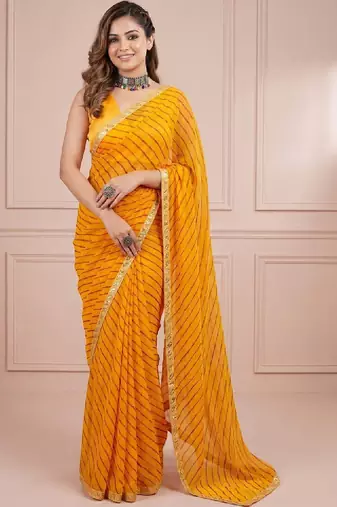 Yellow sequinned leheriya saree with unstiched blouse