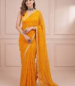 Yellow sequinned leheriya saree with unstiched blouse