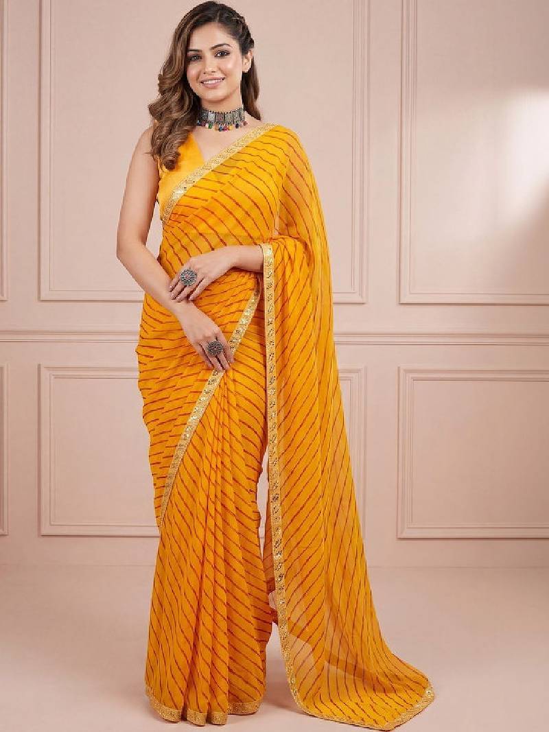 Yellow sequinned leheriya saree with unstiched blouse