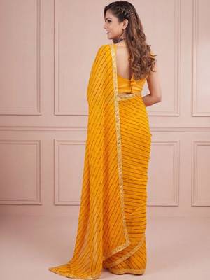 Yellow sequinned leheriya saree with unstiched blouse 3